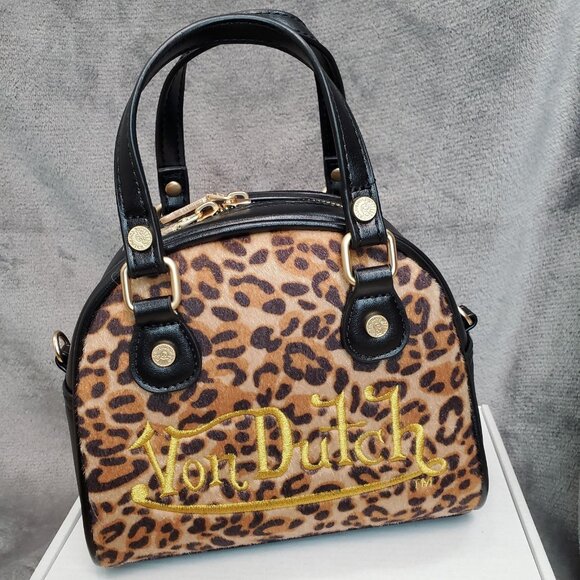 New VON DUTCH Leopard Pony Hair Bowling Bag Satchel Crossbody Handbag Black Logo - Picture 1 of 12